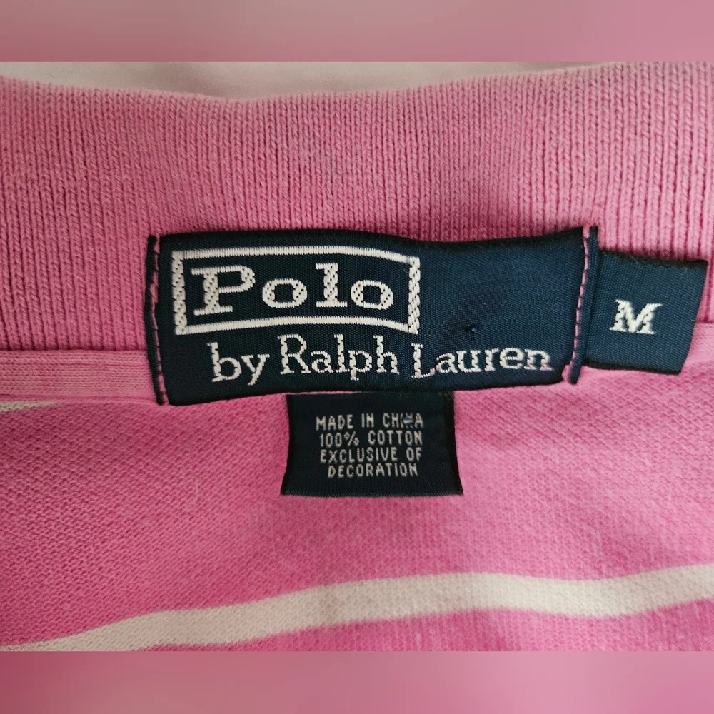POLO RALPH LAUREN Pink & White Stripe Green Logo Shirt | SZ M